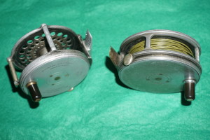 Hardy fly reels from the Golden Age: a 3 1/4" Bougle and a 3 1/8" Perfect.