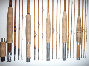 Rods from the F.E. Thomas company of Bangor, Me. From left, a 9 1/2' Browntone Special Light Salmon rod, a 9' Special Streamer rod, an 8 1/2' Dirigo trout rod, an 8 1/2' Special trout rod and an 8' Special Wet Fly model. 