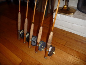 Leonard rods from the first half of the 20th century: left to right, an 8 1/2' Model 50 1/2, an 8' Model 50 Dry Fly, an 8'  Model 40 Catskill, a very early 7'11