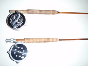 A  Garrison 212, at top, made by Everett Garrison, and a Gillum heavy trout model made by Harold S. Gillum, two of the premiere rodmakers of the 20th century. The reel on the Garrison  is a Bogdan trout reel; the Gillum is wearing the last reel model sold by the Leonard company before it closed its doors in the 1980s.