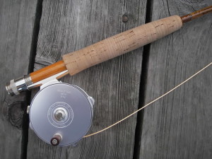 Hardy produced a series of modern version of the Bougle reel. This is the  3 1/4" Mark IV reel, on a 7'9 A.J. Thramer rod.