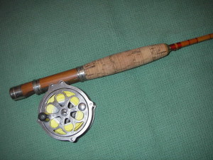 A Meisselbach 280 skeleton reel from the turn of the 20th century. The rod is an early Montague marked for the Andrew Harris department store of Providence, R.I.