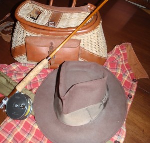 A Payne 205 rod made in the 1940s goes nicely with a Hardy Perfect reel. The hat, of the same vintage,  belonged to my grandfather.