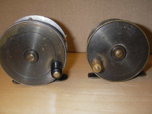More reels possibly made by Heaton. On the left is a Pape & Son brass reel. The reel on the right is unmarked.
